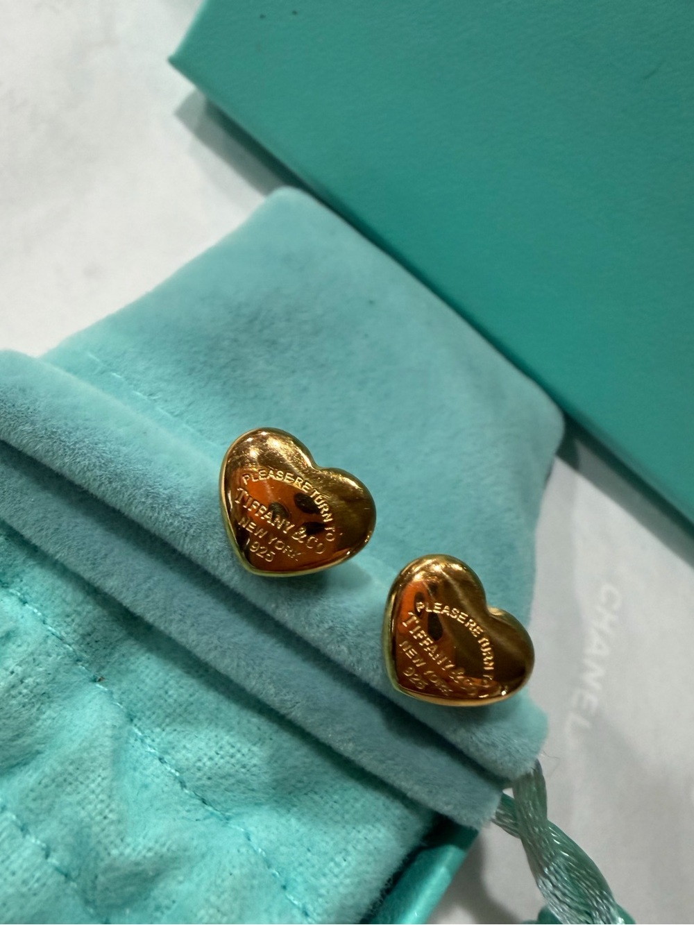 Mini Tiffany Blue Gold Heart Stud Earrings 18k $2,300